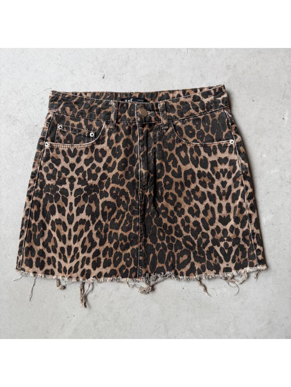 ZARA TRF Collection Leopard Print Mini Denim Skirt Cotton Button Pockets Smal